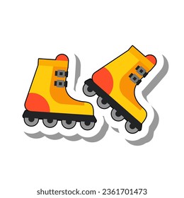 Yellow roller skates for athletes flat paper sticker icon. Sports equipment with wheels for extreme competitions and body strengthening isolated on white background. Sport concept