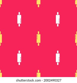 Yellow Rolling pin icon isolated seamless pattern on red background.  Vector