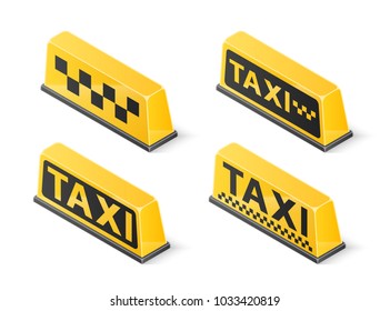 Yellow roof taxi sign set isolated on white background. Isometric vector illustration