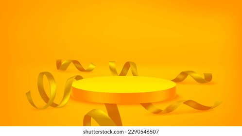 Yellow room with podium and ribbons. Template for design. Vector 3d illustration
