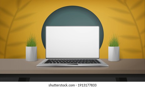 Yellow room with work desk and laptop. Laptop with a white screen. Vector illustration, realistic style.