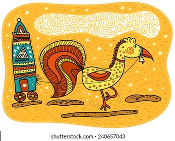 Yellow rooster with orange tail harnessed to a carriage and roll it. Bell hanging off cock on the beak. Yellow background with stars and big cloud over it