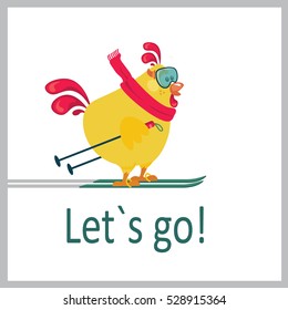 Yellow Rooster symbol 2017. Rooster on skis wearing a scarf goes for a walk. Cartoon Cock chicken skiing. Christmas card