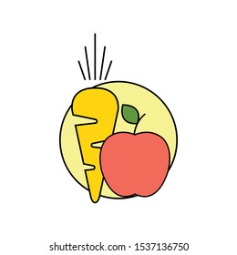 yellow root and red apple on the plate icon in flat style isolated. Vector Symbol illustration.