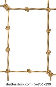 Yellow rope woven vector border with rope knots, vertical vector frame, isolated on white