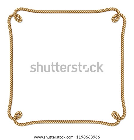 Yellow rope woven vector border with rope knots, square vector frame, isolated on white background