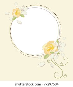 Yellow rose and apple flowers beautiful round frame. Vector illustration.