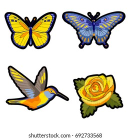 Yellow rose, butterflies and hummingbird embroidery patch set on white background. Fashion textile print.