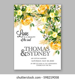 Yellow Rose Floral Wedding Invitation Printable Gold Bridal Shower Invitation Suite Boho Flower Wreath 