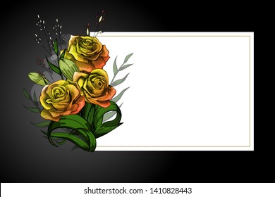 Yellow rose flower bouquet on white frame with black border. Save the date, sympathy, condolences or strict style postcard vector template.