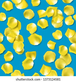 Yellow rose flower petals on blue background. Seamless pattern. Vector illustration.
