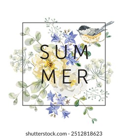 Yellow rose flowers, bird, bellflower, leaves, square frame, white background. Print for t shirt, poster, text Summer. Vector illustration. Floral arrangement. Design template greeting card