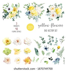 Yellow rose, hydrangea, white peony, lily, anemone, spring garden flowers, eucalyptus, greenery, fern, vector design big set. Wedding summer bouquet collection. Elements are isolated and editable