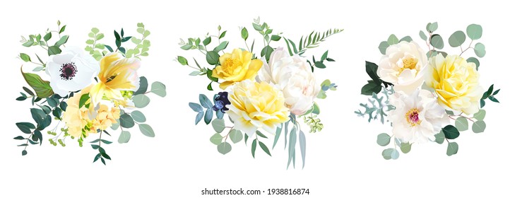 Yellow rose, hydrangea, white peony, tulip, anemone, spring garden flowers, eucalyptus, greenery, fern, vector design arrangement. Wedding summer bouquet collection. Elements are isolated and editable