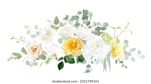 Yellow rose, ivory dahlia, green hydrangea, magnolia, orchid, spring garden flowers, emerald greenery, eucalyptus vector design arrangement. Wedding summer bouquet. Elements are isolated and editable