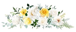 Yellow Rose, Ivory Dahlia, White Peony, Tulip, Orchid, Spring Garden Flowers, Emerald Greenery, Eucalyptus, Fern, Vector Design Arrangement. Wedding Summer Bouquet. Elements Are Isolated And Editable