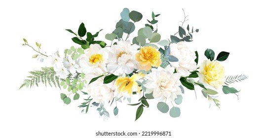 Yellow rose, ivory dahlia, white peony, tulip, orchid, spring garden flowers, emerald greenery, eucalyptus, fern, vector design arrangement. Wedding summer bouquet. Elements are isolated and editable