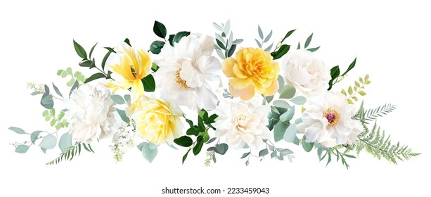 Yellow rose, ivory dahlia, white peony, tulip, orchid, spring garden flowers, emerald greenery, eucalyptus, fern, vector design arrangement. Wedding summer bouquet. Elements are isolated and editable