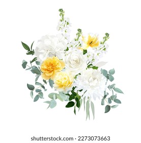 Yellow rose, ivory dahlia, white hydrangea, tulip, matthiola, spring garden flowers, emerald greenery, eucalyptus vector design arrangement. Wedding summer bouquet. Elements are isolated and editable