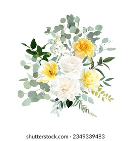 Yellow rose, ivory dahlia, white hydrangea, tulip, lilac, spring garden flowers, emerald greenery, eucalyptus vector design arrangement. Wedding summer bouquet. Elements are isolated and editable