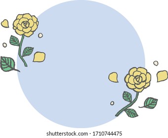 Yellow rose and light-blue circular frame. A hand-drawn vector picture.