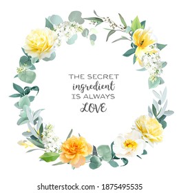 Yellow rose, peony, white lilac, tulip, spring garden flowers, mint eucalyptus, greenery, fern,vector design frame. Wedding summer bouquet round card invitation. Elements are isolated and editable