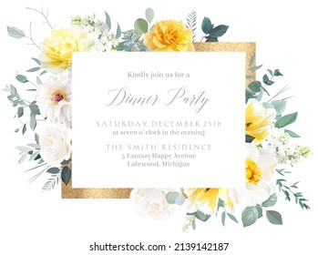 Yellow rose, peony, white lilac, tulip, spring garden flowers, mint eucalyptus, greenery, fern,vector design frame. Wedding summer bouquet golden card invitation. Elements are isolated and editable