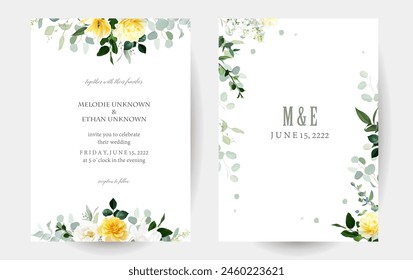 Yellow rose, peony, white lilac, tulip, magnolia, spring garden flowers, mint eucalyptus, greenery, fern,vector design frames. Wedding summer bouquet invitations. Elements are isolated and editable