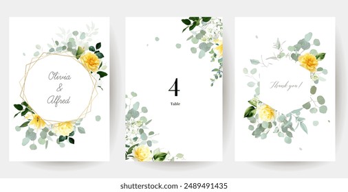 Rosa amarilla, peonía, lila blanca, tulipán, magnolia, flores de jardín de primavera, eucalipto de menta, verdor, helecho, marcos de diseño de Vector. Invitaciones de ramo de verano de Boda. Los Elementos son aislados y editables