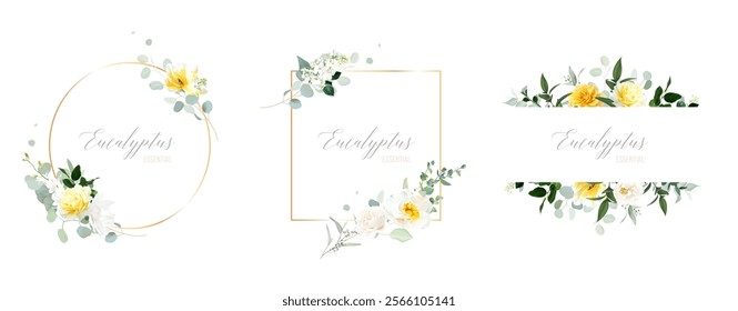 Yellow rose, peony, white lilac, tulip, magnolia, spring garden flowers, mint eucalyptus, greenery, fern,vector design frames. Wedding summer bouquet invitations. Elements are isolated and editable