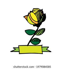 Yellow rose with ribbon and space for text. Decorative element for holiday cards, stickers, posters. Color vector doodle illustration.