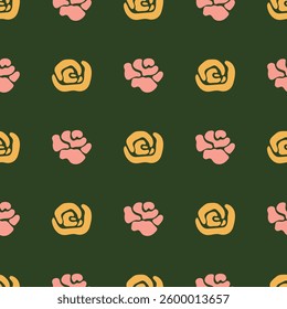 Yellow rose seamless pattern. Pink and yellow rose on a dark green background. Vector illustration for fabric, wrapping paper, background, mother's day card, wallpaper