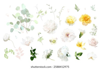 Yellow rose, tulip, white peony, magnolia, green hellebores, white lilac, eucalyptus, sage greenery vector design wedding spring set. Floral summer watercolor. Elements are isolated and editable