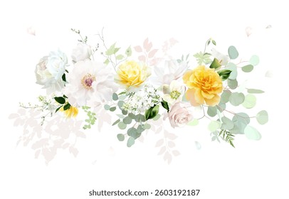 Yellow rose, tulip, white peony, magnolia, green hellebores, white lilac, eucalyptus, sage greenery vector design wedding spring bouquet. Floral summer watercolor. Elements are isolated and editable