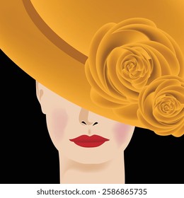 Yellow roses adorn a pretty woman's stylish yellow hat.