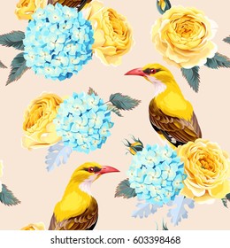 Yellow roses and birds vector seamless backround