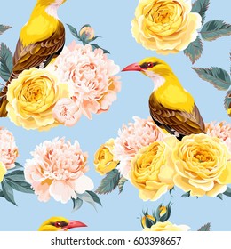 Yellow roses and birds vector seamless backround