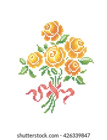 Yellow roses. Bouquet of flowers. Cross stitch. Scheme of knitting and embroidery. Vector.