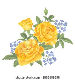 Yellow roses with bud and leaves on white background. Vector set of blooming flower for adornment for wedding invitations, holiday, greeting card and textile fashion design.