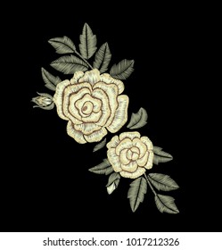 Yellow roses. Embroidered flowers. Vector floral print.