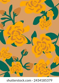 Yellow roses flowers patterns with green leaves on orange background for branding, fabric print, wallpaper, social media post, doodle, notes, book covers, wall decor.