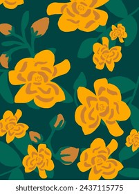 Yellow roses flowers patterns with leaves on green background for branding, fabric print, wallpaper, social media post, doodle, notes, book covers, wall decor.