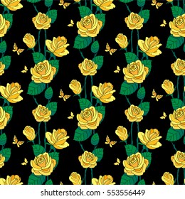 Yellow roses flowers seamless pattern with butterfly.