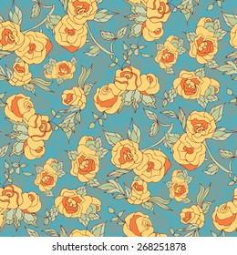 Yellow roses on a blue background. seamless