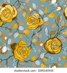 Rosas amarillas sobre el fondo gris claro. Fondo de pantalla de Vector con grandes rosas. Flores amarillas dibujadas a mano. Ideal para tela, textil, Web, invitaciones. Ilustración vectorial