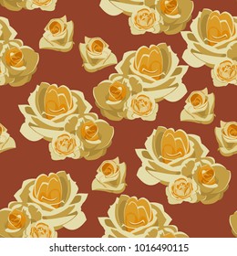 yellow roses on a red-brown background, seamless pattern