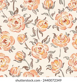 Yellow Roses. Painting Rose Flower Seamless Vector Pattern. Flowers and Leaves. Vintage Floral Background