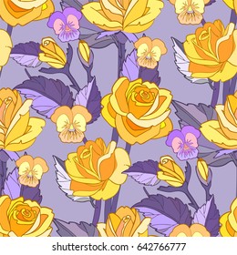 Yellow roses and pansies seamless pattern on violet background.