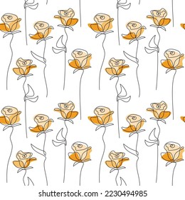 Yellow roses seamless pattern. Abstract floral illustration. Line flowers vector. Botanical outline backdrop. Wallpaper, background, fabric, textile, print, wrapping paper or package design.