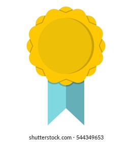 Yellow rosette with blue ribbon icon. Flat illustration of yellow rosette with blue ribbon vector icon for web